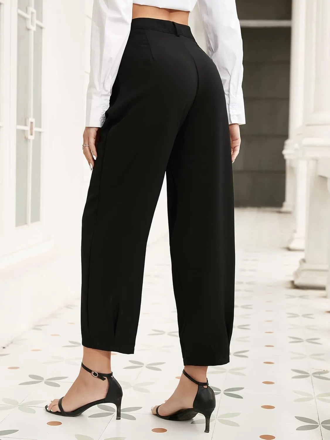 SweatyRocks Women's Casual High Waist Fold Pleated Straight Leg Trousers Work Pants with Pocket