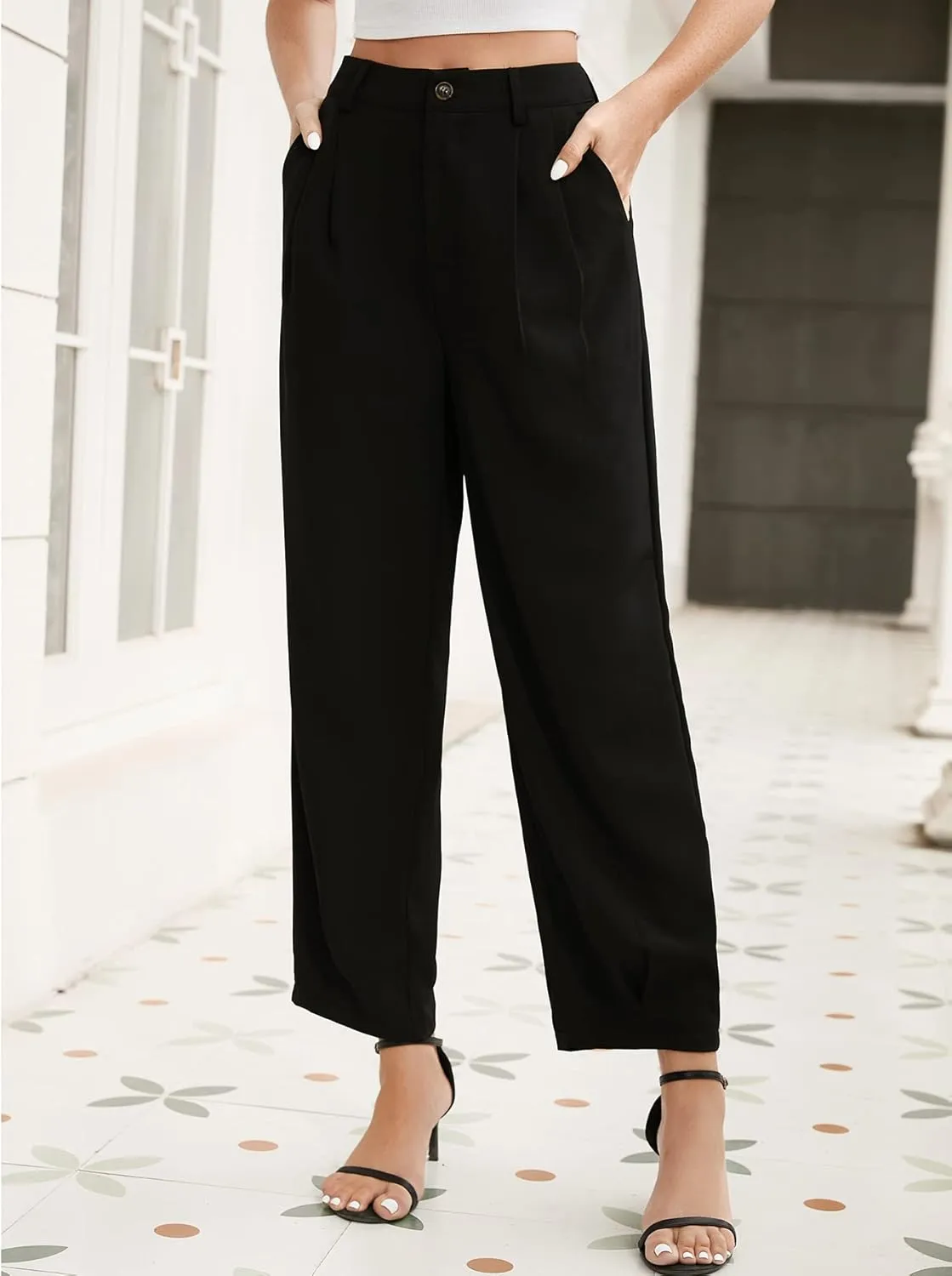 SweatyRocks Women's Casual High Waist Fold Pleated Straight Leg Trousers Work Pants with Pocket