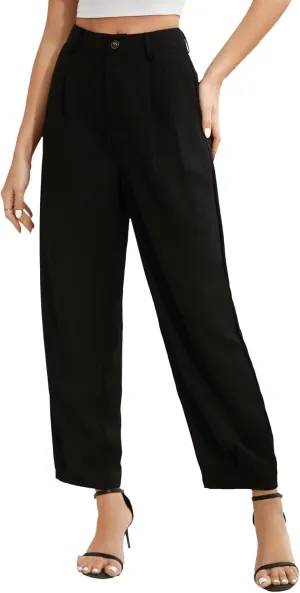 SweatyRocks Women's Casual High Waist Fold Pleated Straight Leg Trousers Work Pants with Pocket