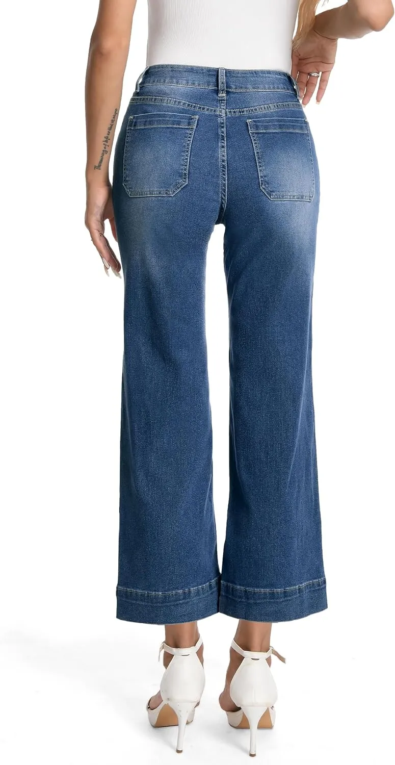 Tapata Women's 24/26 Petite Regular Wide Leg Jeans High Waisted Flare Stretchy Cropped Denim Pants Trendy Baggy Pockets