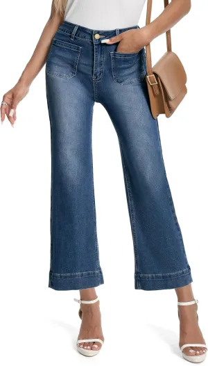 Tapata Women's 24/26 Petite Regular Wide Leg Jeans High Waisted Flare Stretchy Cropped Denim Pants Trendy Baggy Pockets