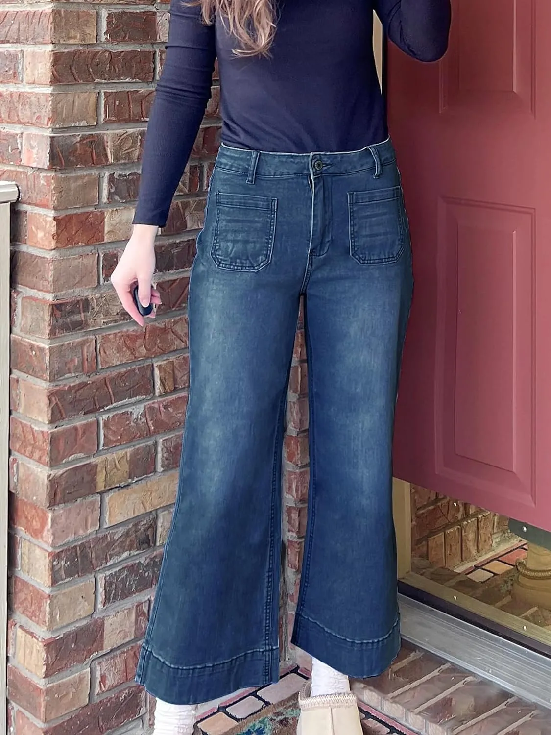 Tapata Women's 24/26 Petite Regular Wide Leg Jeans High Waisted Flare Stretchy Cropped Denim Pants Trendy Baggy Pockets