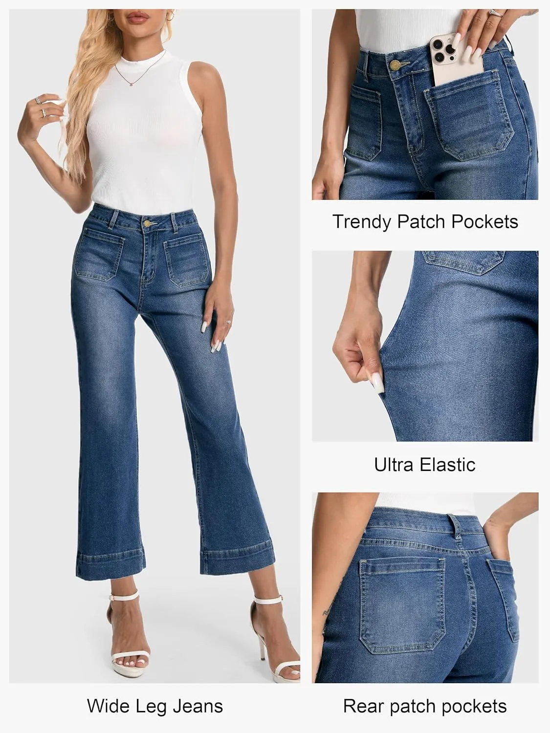 Tapata Women's 24/26 Petite Regular Wide Leg Jeans High Waisted Flare Stretchy Cropped Denim Pants Trendy Baggy Pockets