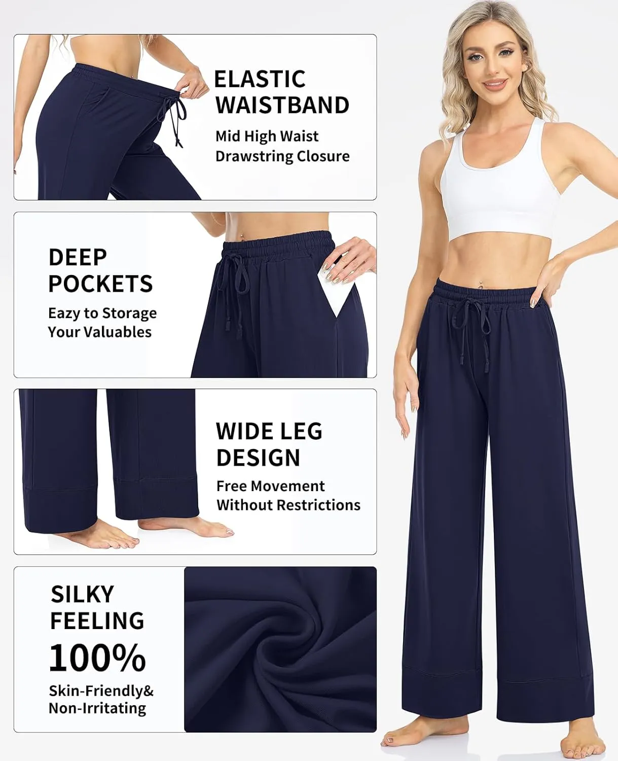 TARSE Wide Leg Yoga Pants for Women Plus Size Palazzo Trousers High Waist Lounge Pajamas Pants Casual Sweatpants with Pockets