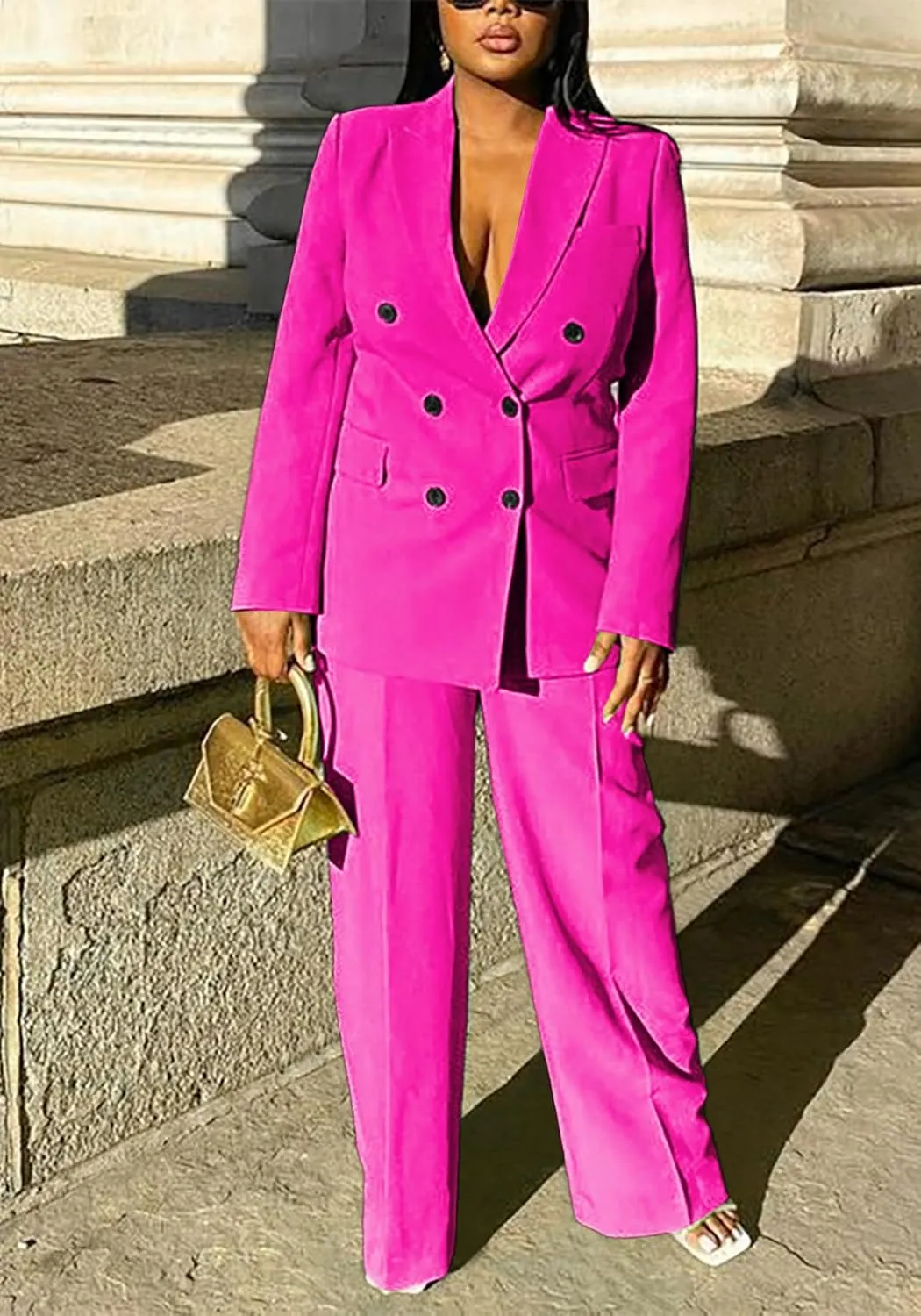 Tcremisa Women's Fashion Pants Suit 2 Piece Business Outfits Casual Double Breasted Blazer and Pant Sets