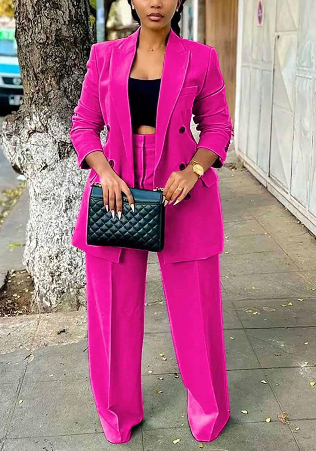 Tcremisa Women's Fashion Pants Suit 2 Piece Business Outfits Casual Double Breasted Blazer and Pant Sets