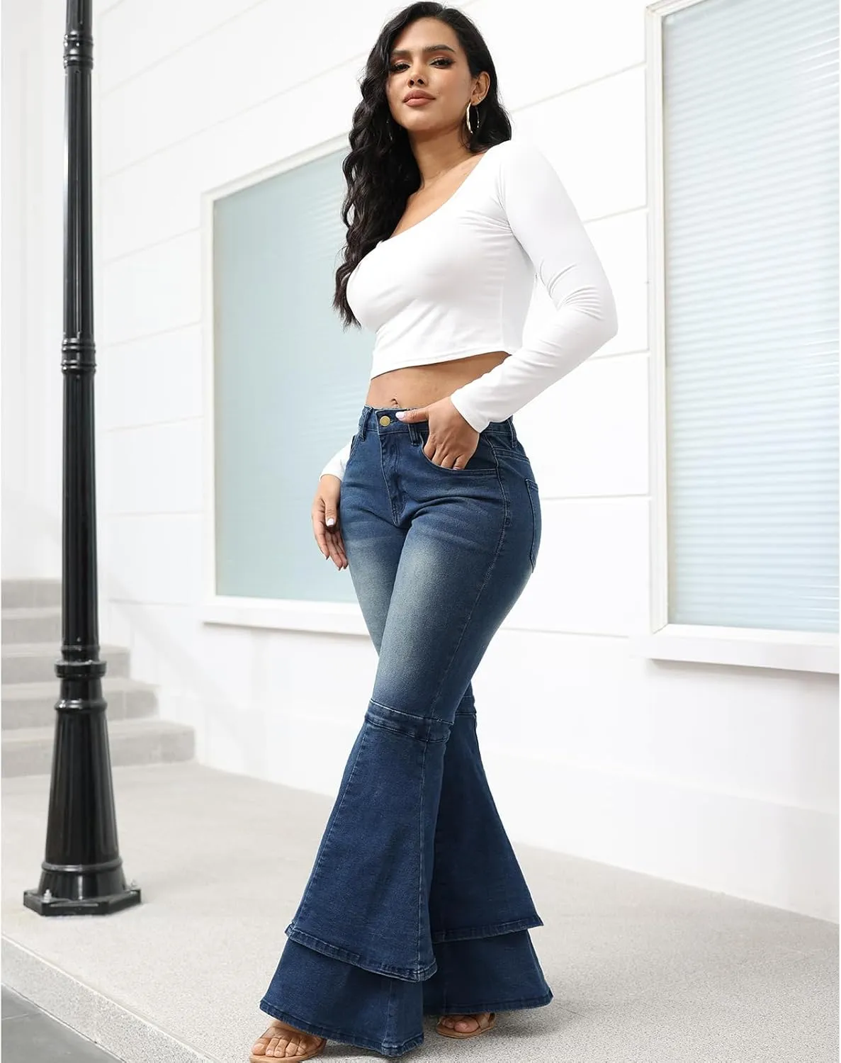 ThusFar Bell Bottom Jeans High Waisted Pleated Layered Ruffle Hem Flared Wide Leg Denim Pants 70s Outfits for Women