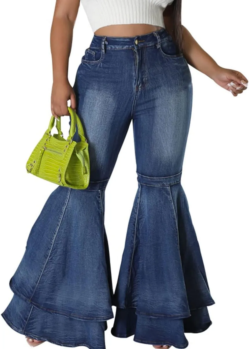 ThusFar Bell Bottom Jeans High Waisted Pleated Layered Ruffle Hem Flared Wide Leg Denim Pants 70s Outfits for Women