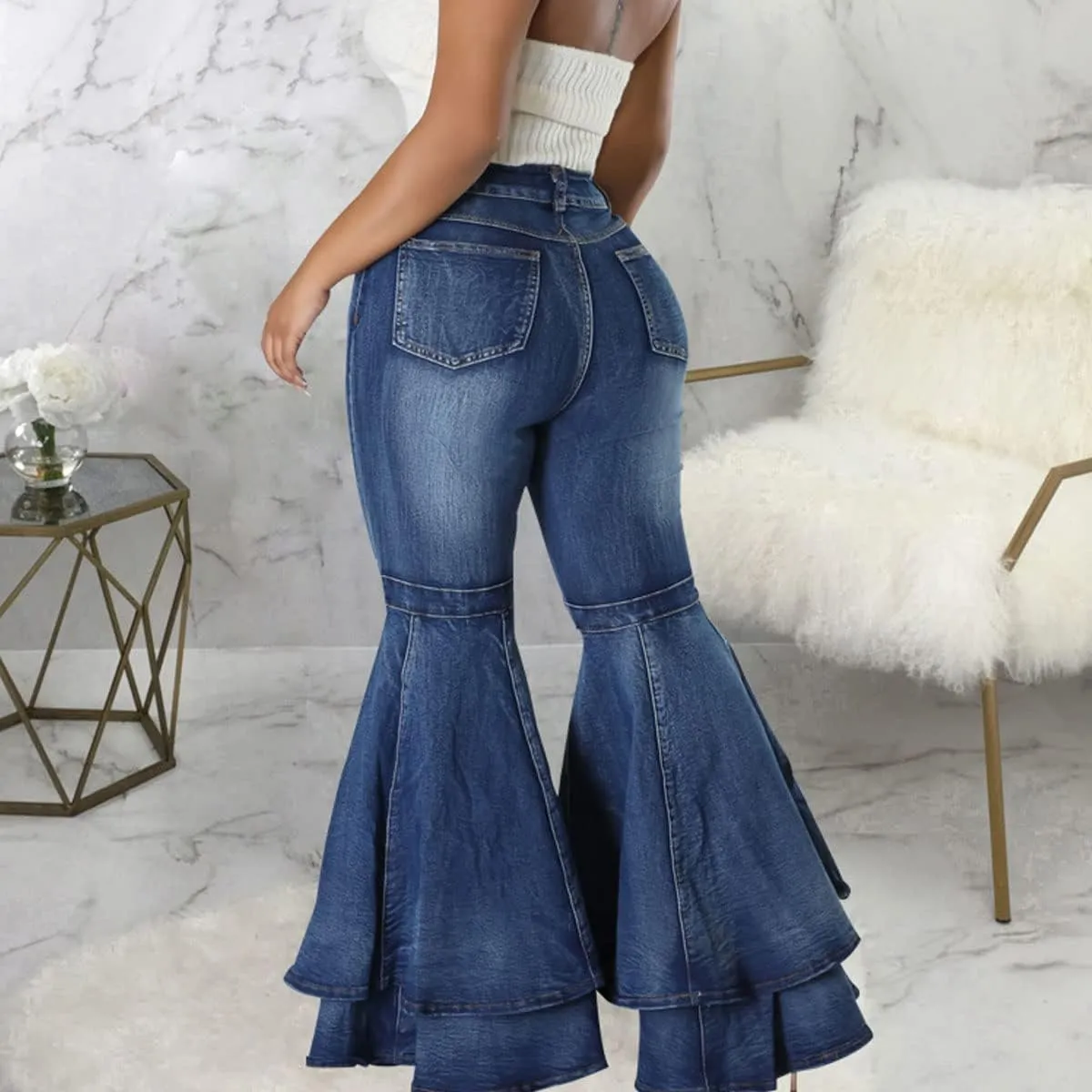 ThusFar Bell Bottom Jeans High Waisted Pleated Layered Ruffle Hem Flared Wide Leg Denim Pants 70s Outfits for Women