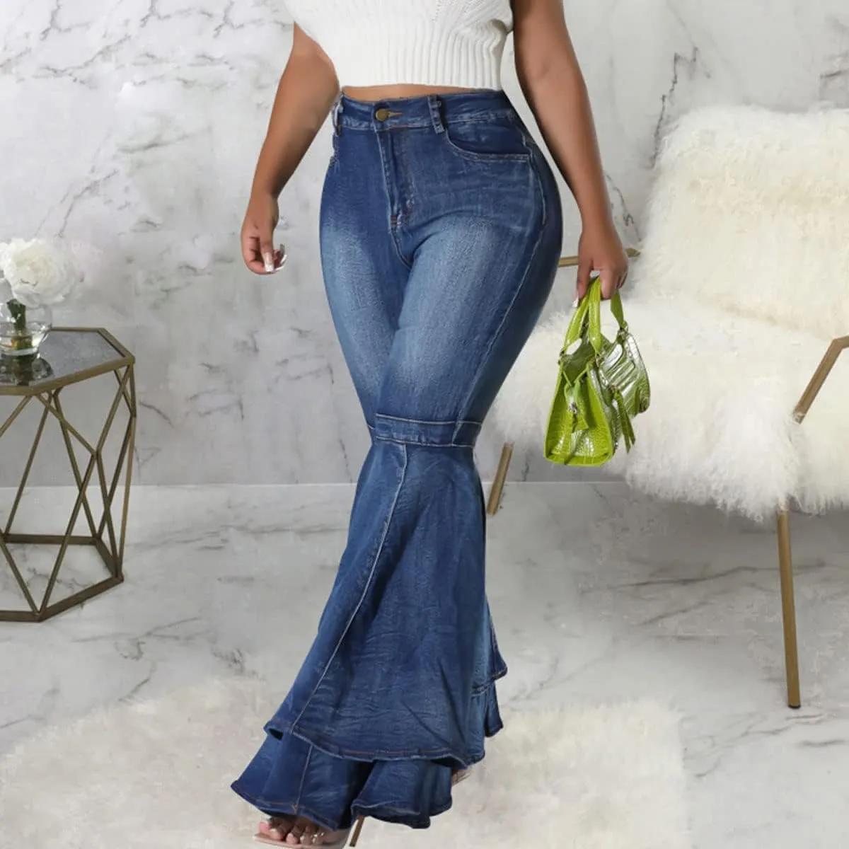 ThusFar Bell Bottom Jeans High Waisted Pleated Layered Ruffle Hem Flared Wide Leg Denim Pants 70s Outfits for Women