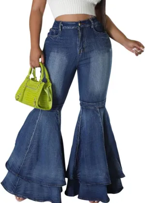 ThusFar Bell Bottom Jeans High Waisted Pleated Layered Ruffle Hem Flared Wide Leg Denim Pants 70s Outfits for Women
