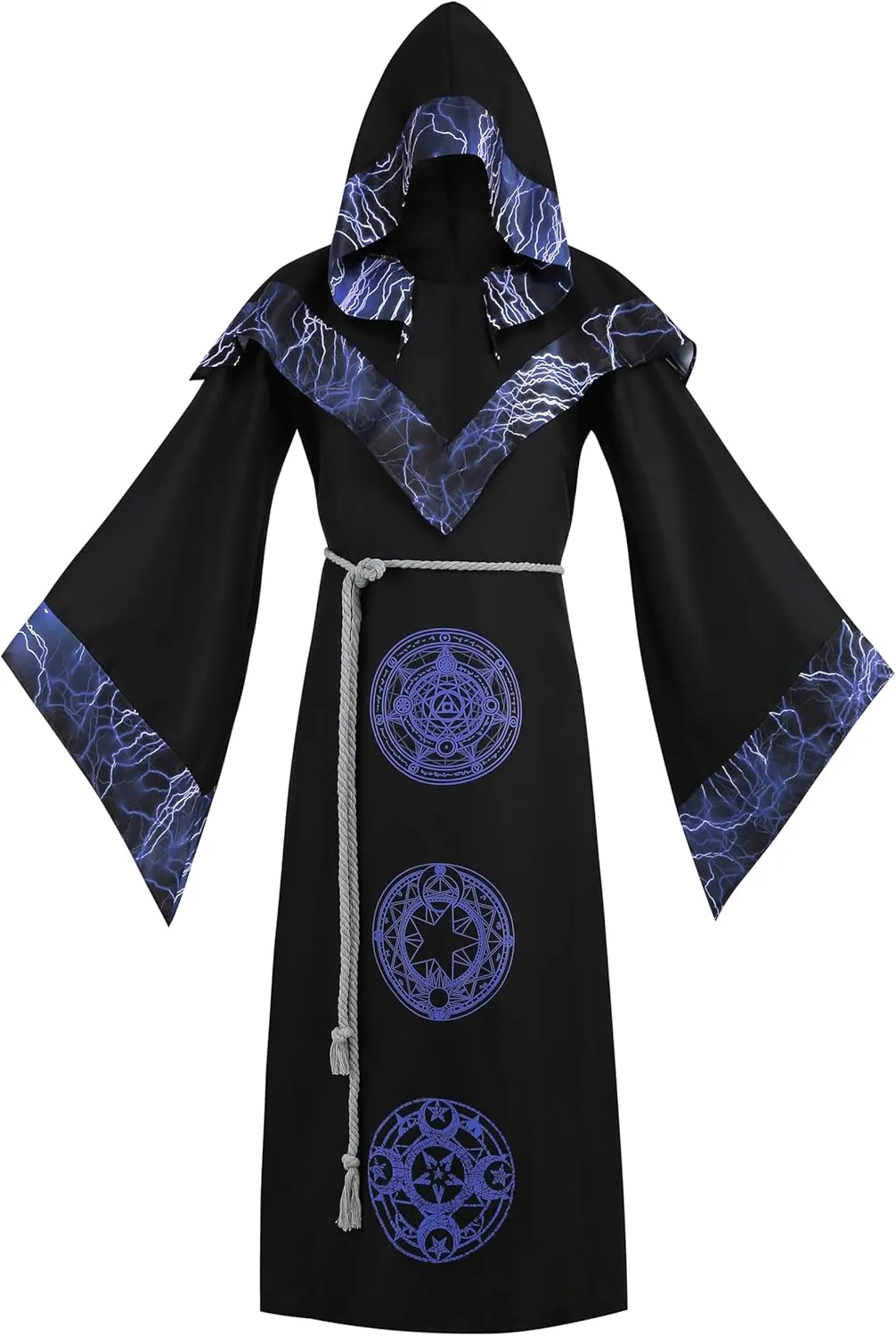 TOONRAIN Mens Halloween Costume Medieval Sorcerer Robe Dark Wizard Renaissance Vintage Hooded Cape Black Cloak
