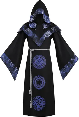 TOONRAIN Mens Halloween Costume Medieval Sorcerer Robe Dark Wizard Renaissance Vintage Hooded Cape Black Cloak