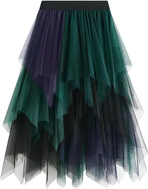 Tulle Skirts for Women Midi Long Fairy Skirt Tutu A-Line Mesh Layered High Elastic Waist Halloween Skirts