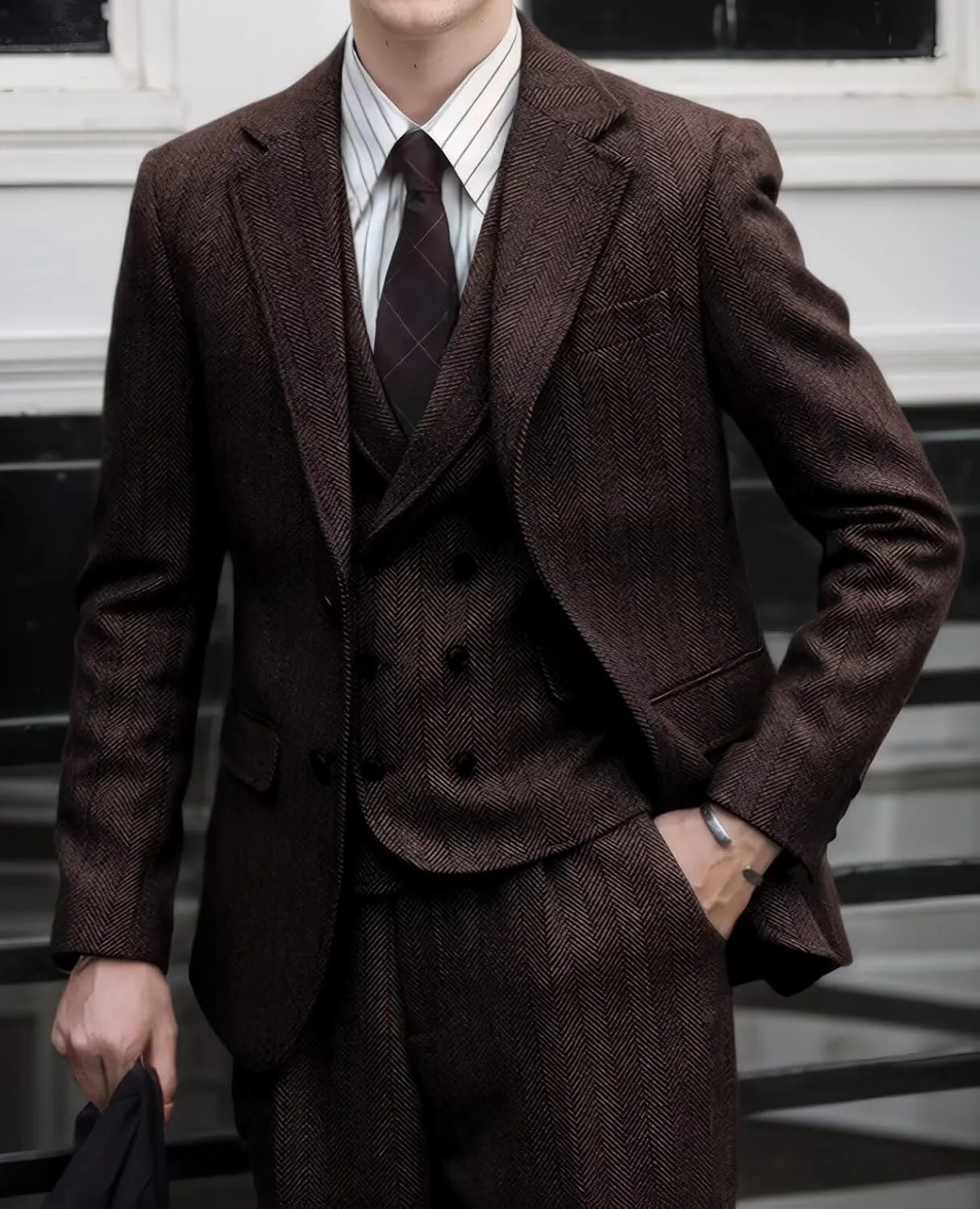 Tweed Herringbone Men Suit 3 Piece Suits for Men Formal 2 Button Wool Jacket Dress Suit Vest Pants Mens Wedding Prom Tuxedo