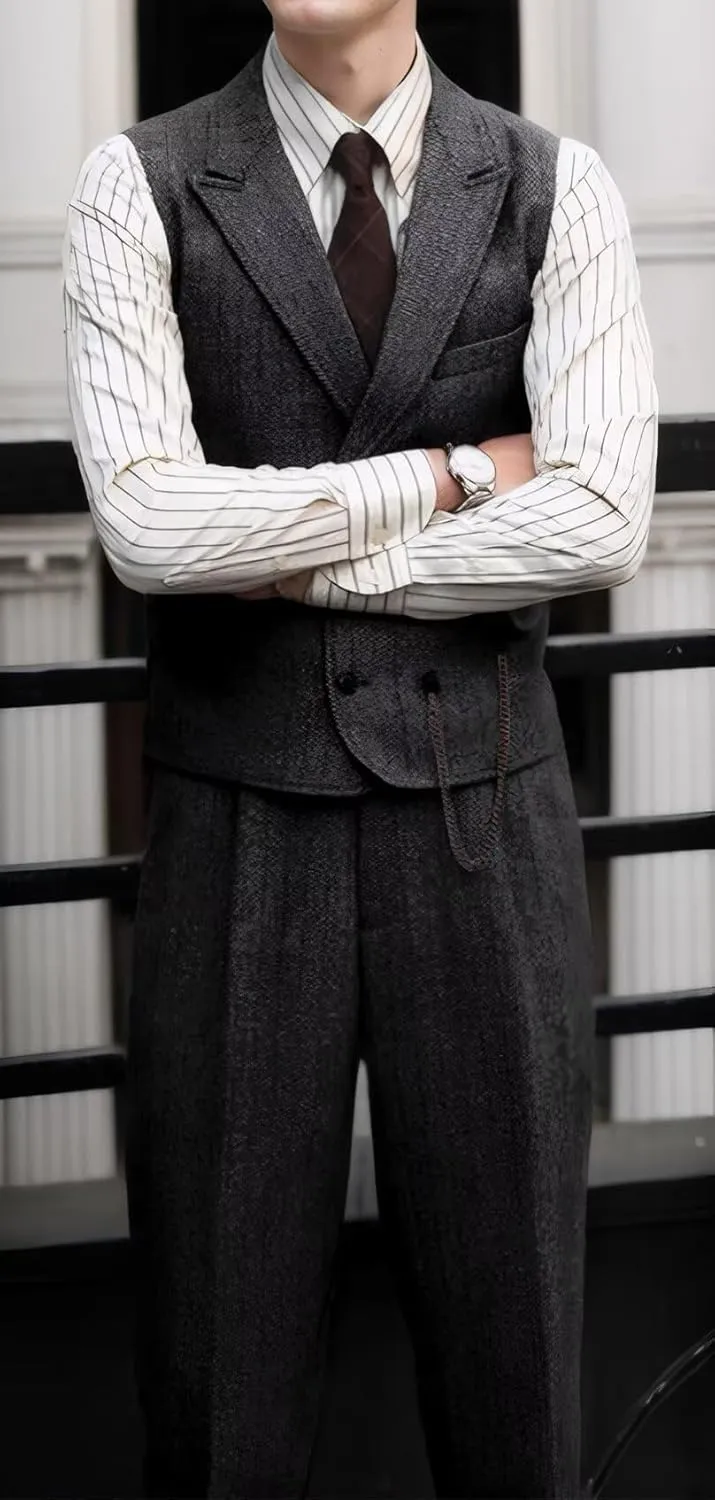 Tweed Herringbone Men Suit 3 Piece Suits for Men Formal 2 Button Wool Jacket Dress Suit Vest Pants Mens Wedding Prom Tuxedo