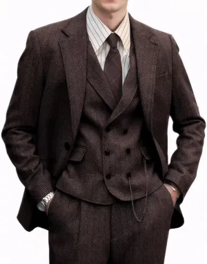 Tweed Herringbone Men Suit 3 Piece Suits for Men Formal 2 Button Wool Jacket Dress Suit Vest Pants Mens Wedding Prom Tuxedo