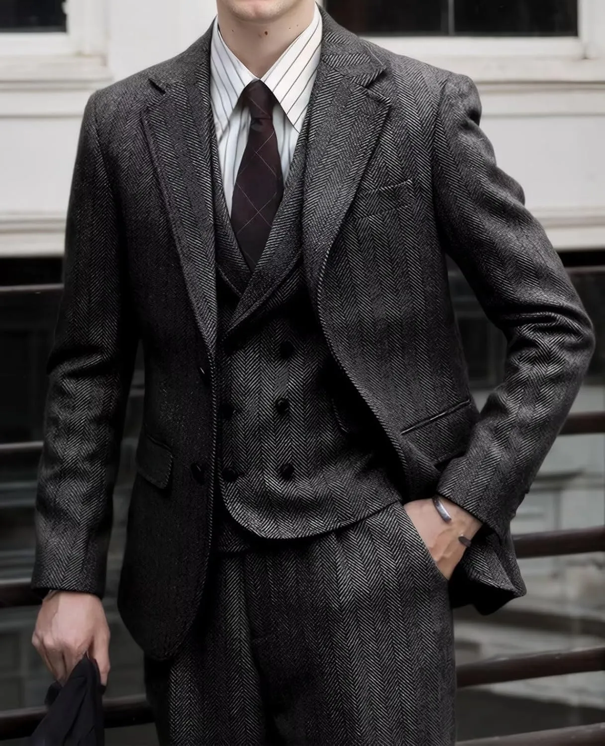 Tweed Herringbone Men Suit 3 Piece Suits for Men Formal 2 Button Wool Jacket Dress Suit Vest Pants Mens Wedding Prom Tuxedo