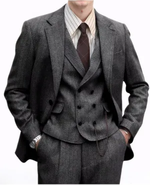 Tweed Herringbone Men Suit 3 Piece Suits for Men Formal 2 Button Wool Jacket Dress Suit Vest Pants Mens Wedding Prom Tuxedo