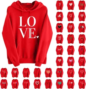 Valentines Shirt for Women Causal Heart Print Graphic Hoodies Long Sleeve Oversized Tops Plus Size Hooded Sweatshirts
