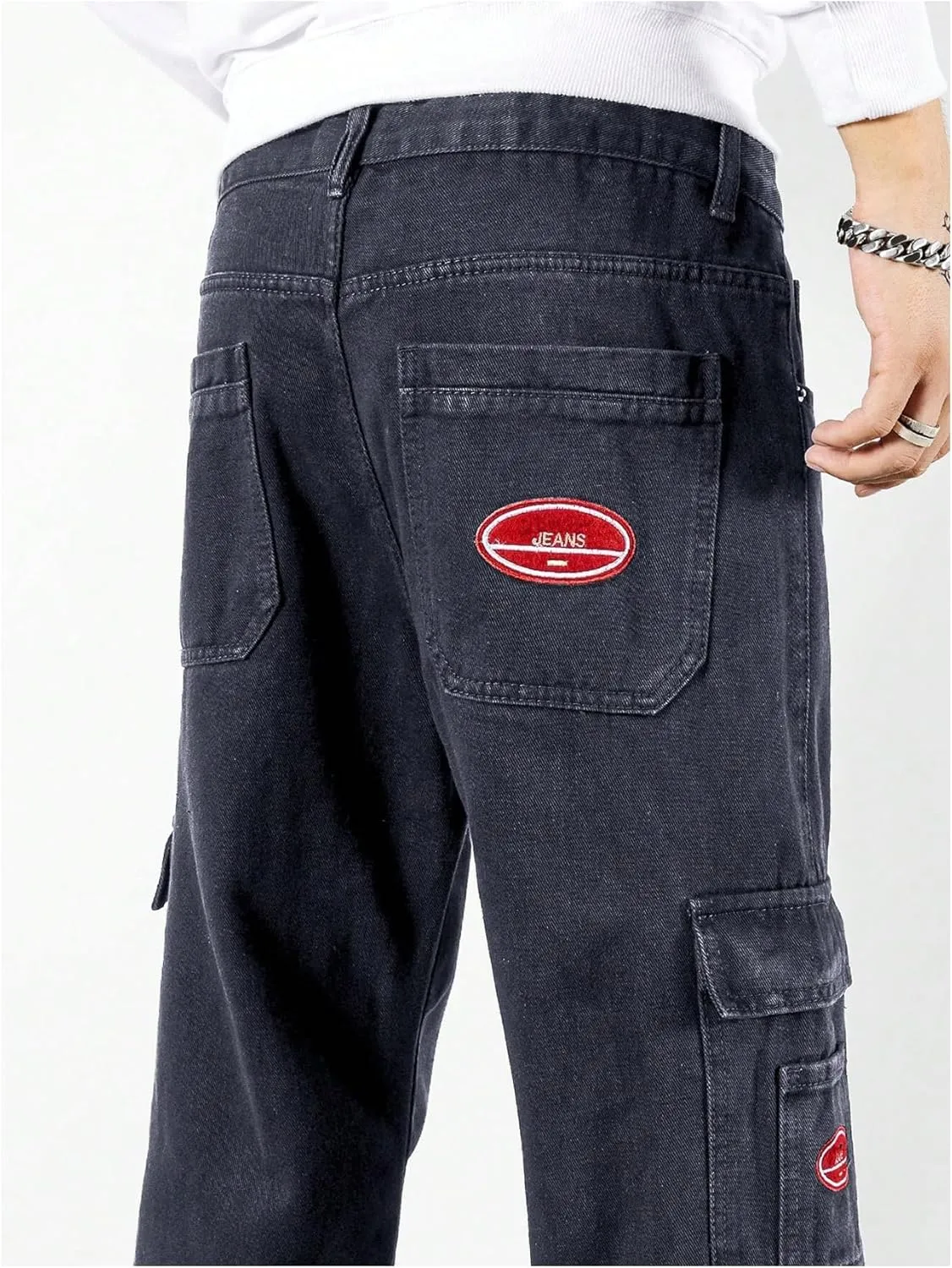 Verdusa Men's Denim Cargo Pants Letter Patched Straight Leg Streetwear Jeans Trousers
