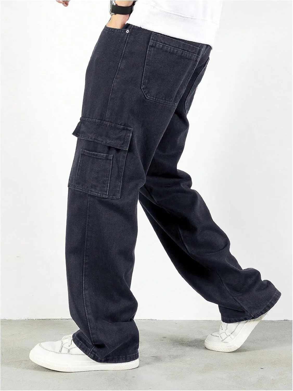 Verdusa Men's Denim Cargo Pants Letter Patched Straight Leg Streetwear Jeans Trousers