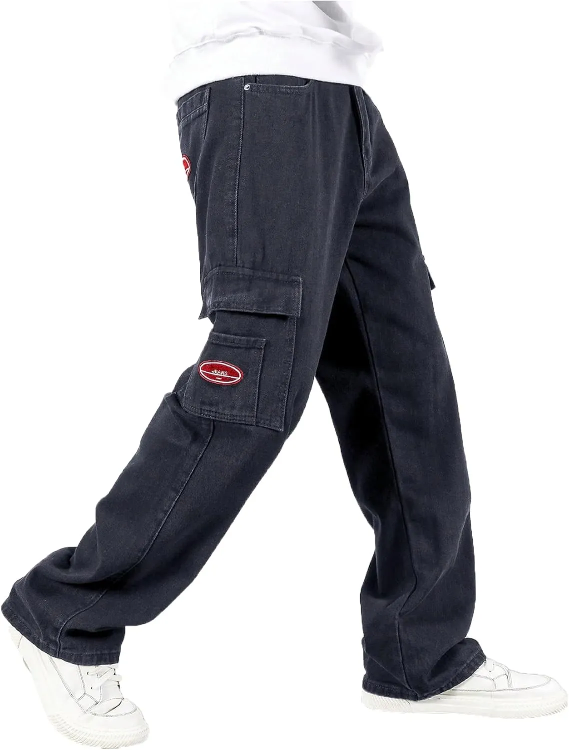 Verdusa Men's Denim Cargo Pants Letter Patched Straight Leg Streetwear Jeans Trousers