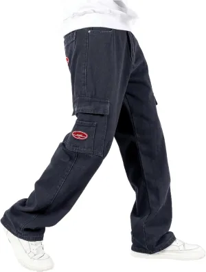 Verdusa Men's Denim Cargo Pants Letter Patched Straight Leg Streetwear Jeans Trousers