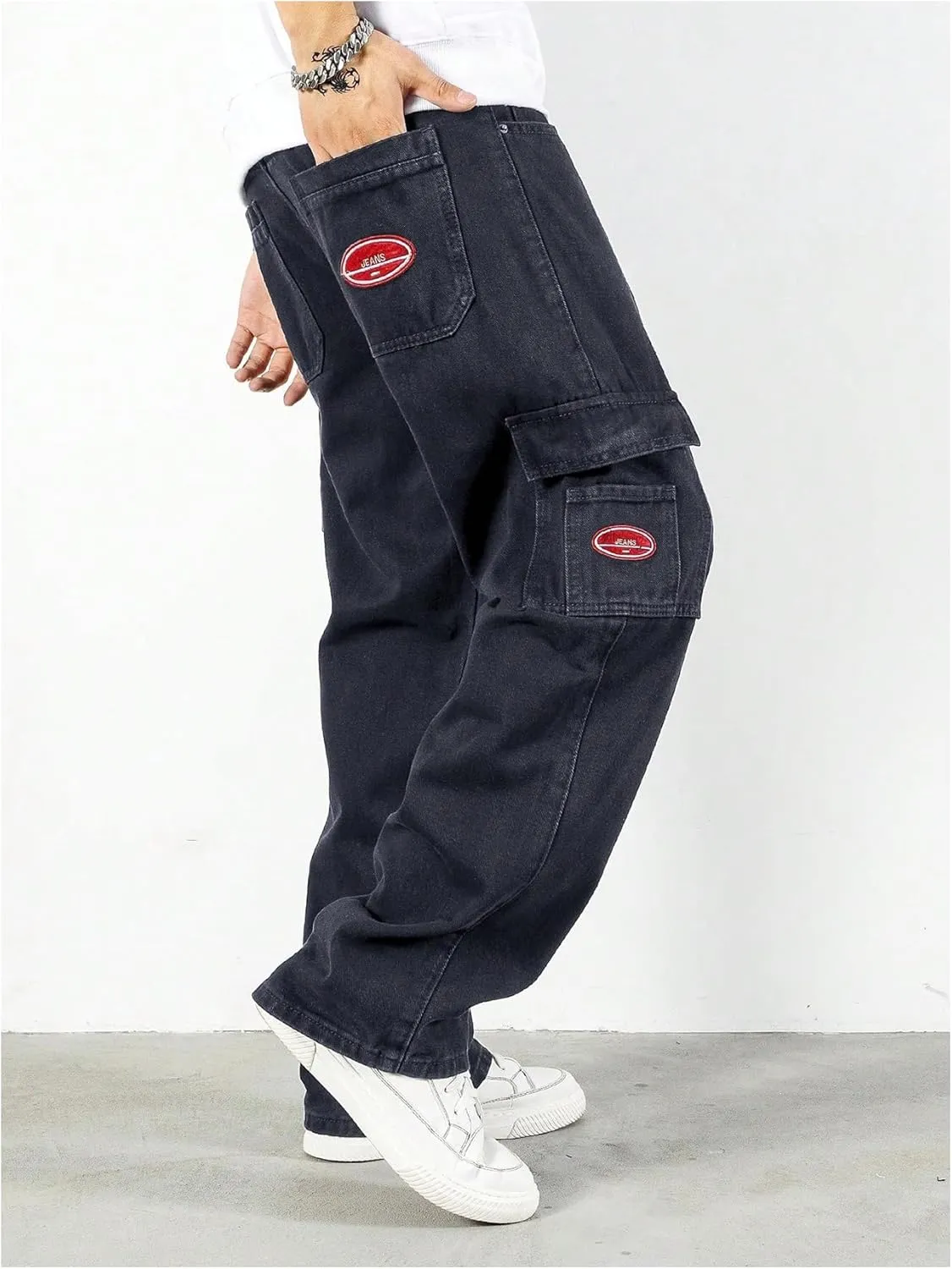 Verdusa Men's Denim Cargo Pants Letter Patched Straight Leg Streetwear Jeans Trousers