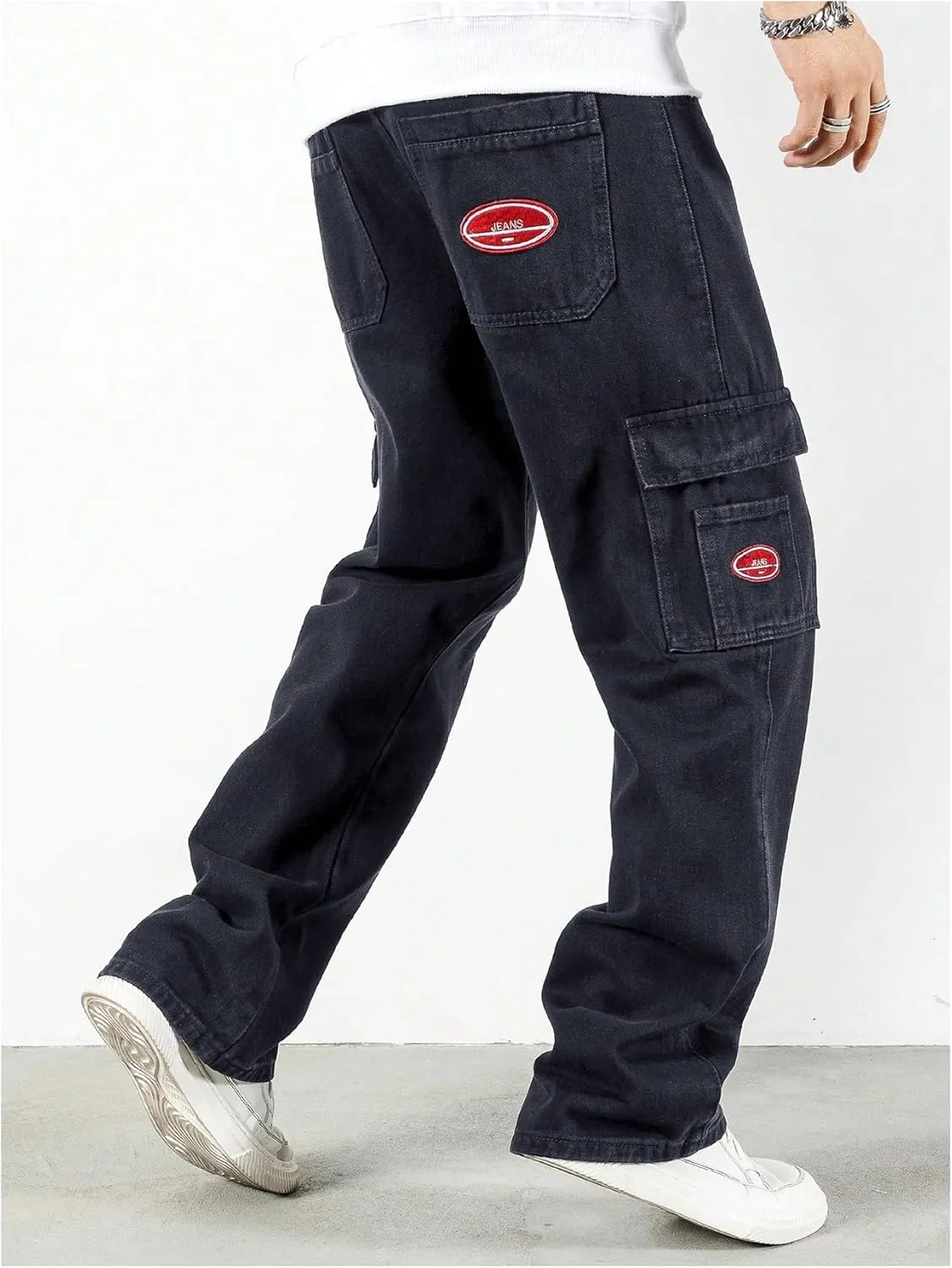 Verdusa Men's Denim Cargo Pants Letter Patched Straight Leg Streetwear Jeans Trousers