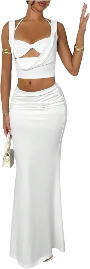 Verdusa Women's 2 Piece Outfits Drape Cut Out Halter Bralette Crop Tops and Fishtail Maxi Skirt Set