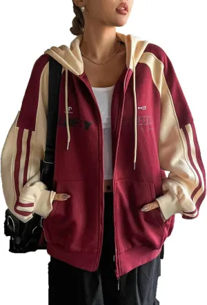 Verdusa Women's Color Block Zip Up Hoodie Sweatshirt Long Sleeve Drawstring Hooded Jacket