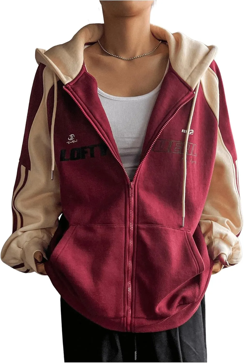 Verdusa Women's Color Block Zip Up Hoodie Sweatshirt Long Sleeve Drawstring Hooded Jacket