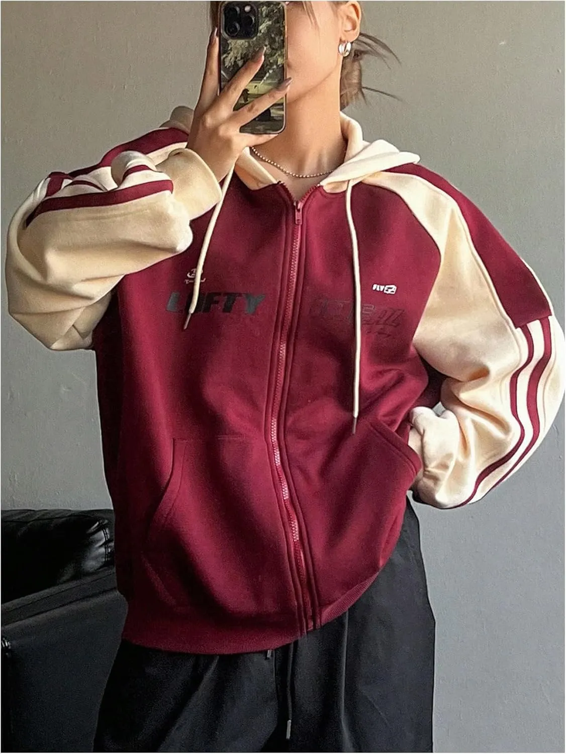 Verdusa Women's Color Block Zip Up Hoodie Sweatshirt Long Sleeve Drawstring Hooded Jacket