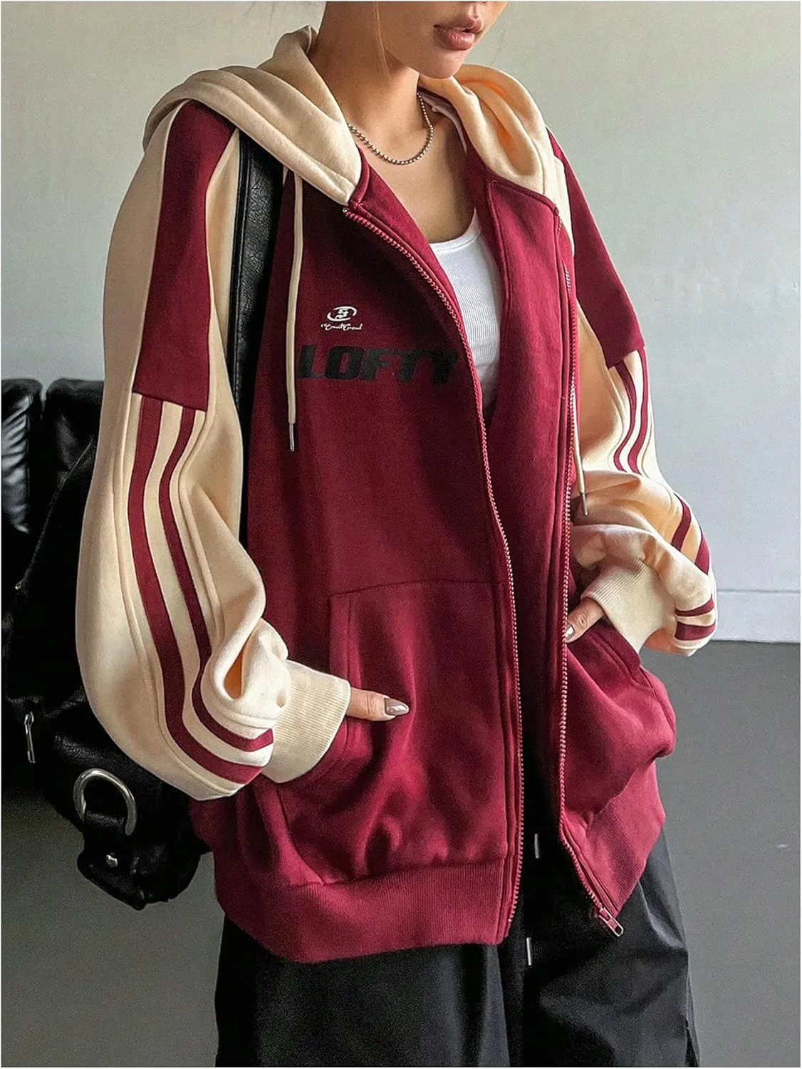 Verdusa Women's Color Block Zip Up Hoodie Sweatshirt Long Sleeve Drawstring Hooded Jacket