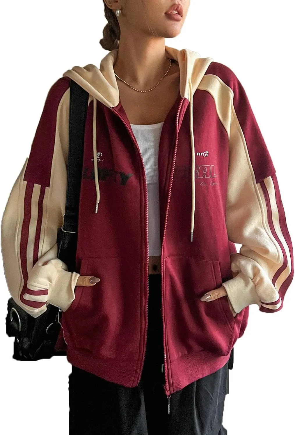 Verdusa Women's Color Block Zip Up Hoodie Sweatshirt Long Sleeve Drawstring Hooded Jacket