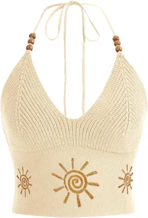 Verdusa Women's Crop Halter Tops Y2k Goth Clothes Crochet Cami Sleeveless Tie Backless Boho Knit Top Camisole