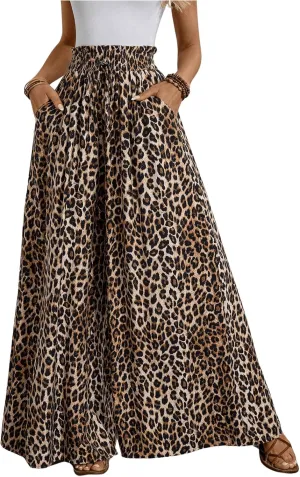 Verdusa Women's Wide Leg Pants Leopard Print Paperbag Waist Palazzo Pant