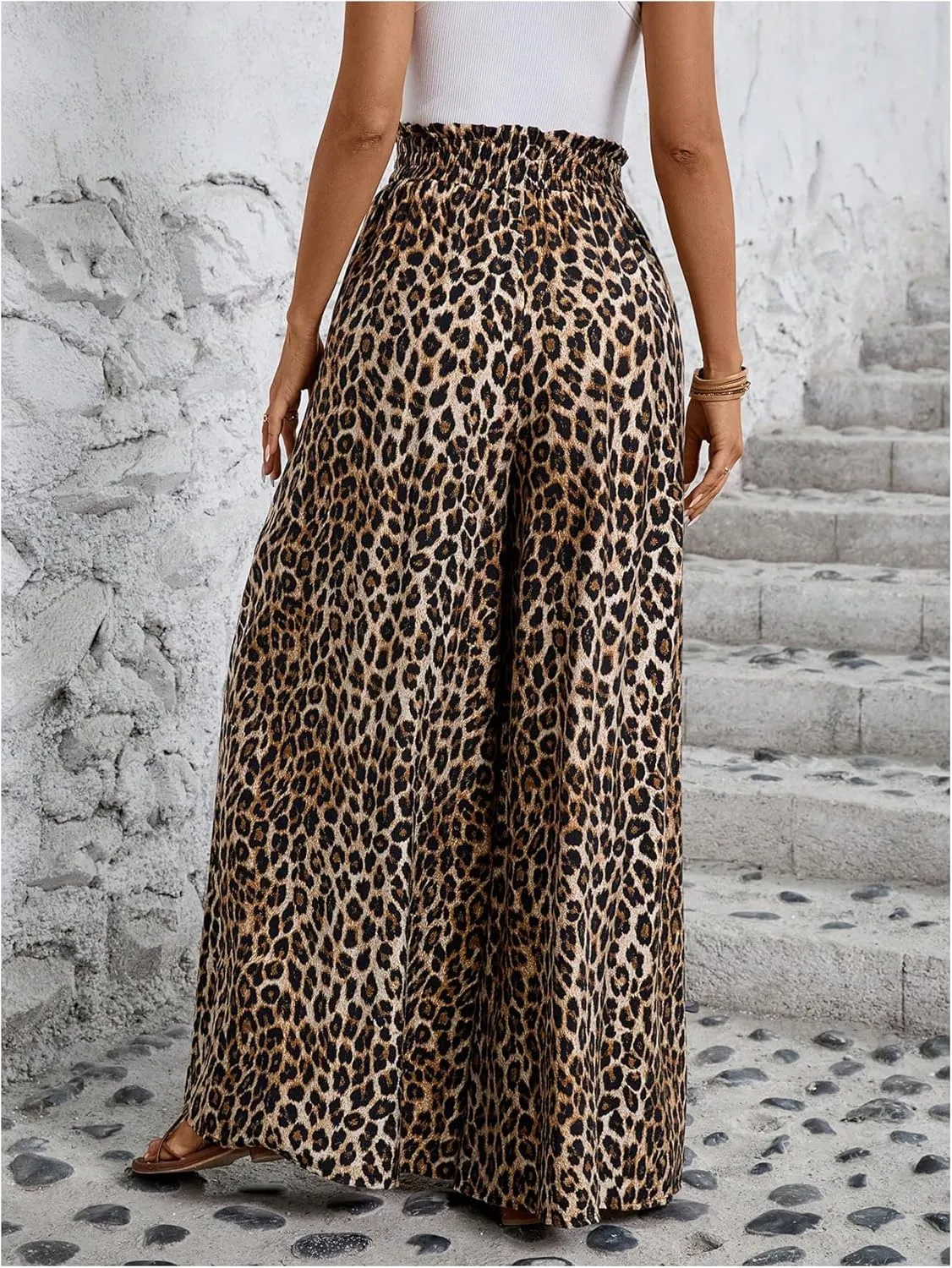 Verdusa Women's Wide Leg Pants Leopard Print Paperbag Waist Palazzo Pant