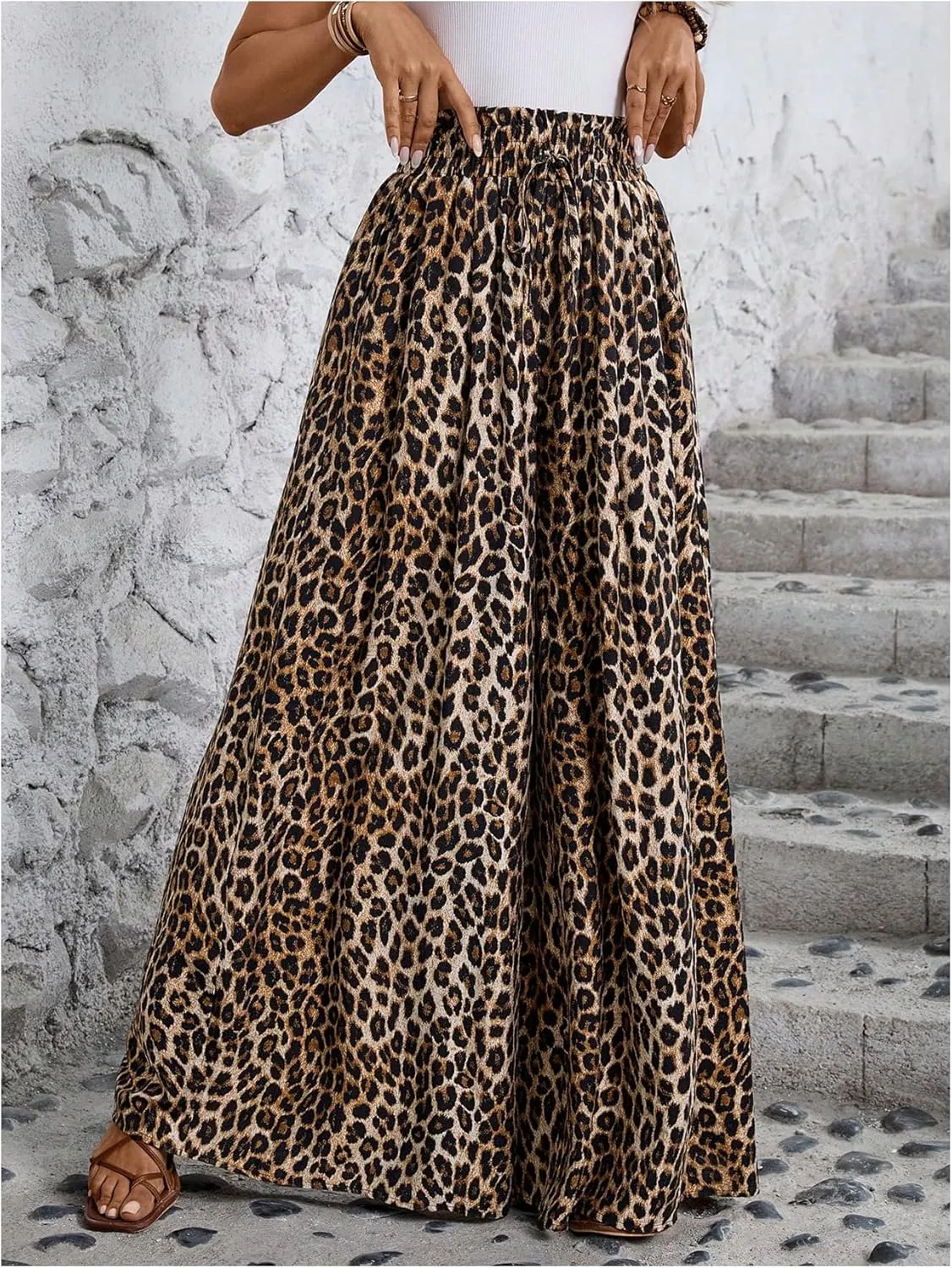 Verdusa Women's Wide Leg Pants Leopard Print Paperbag Waist Palazzo Pant
