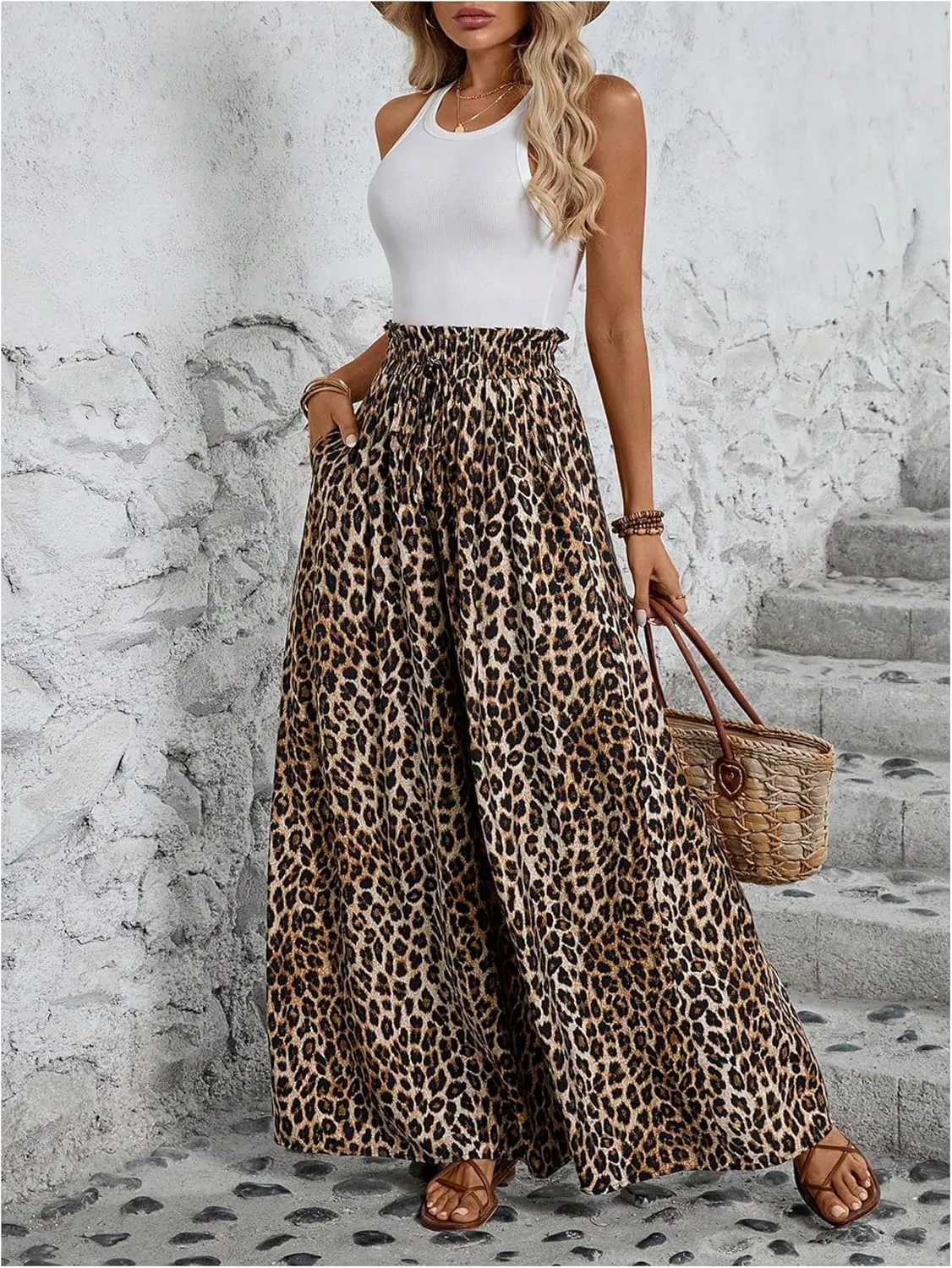 Verdusa Women's Wide Leg Pants Leopard Print Paperbag Waist Palazzo Pant