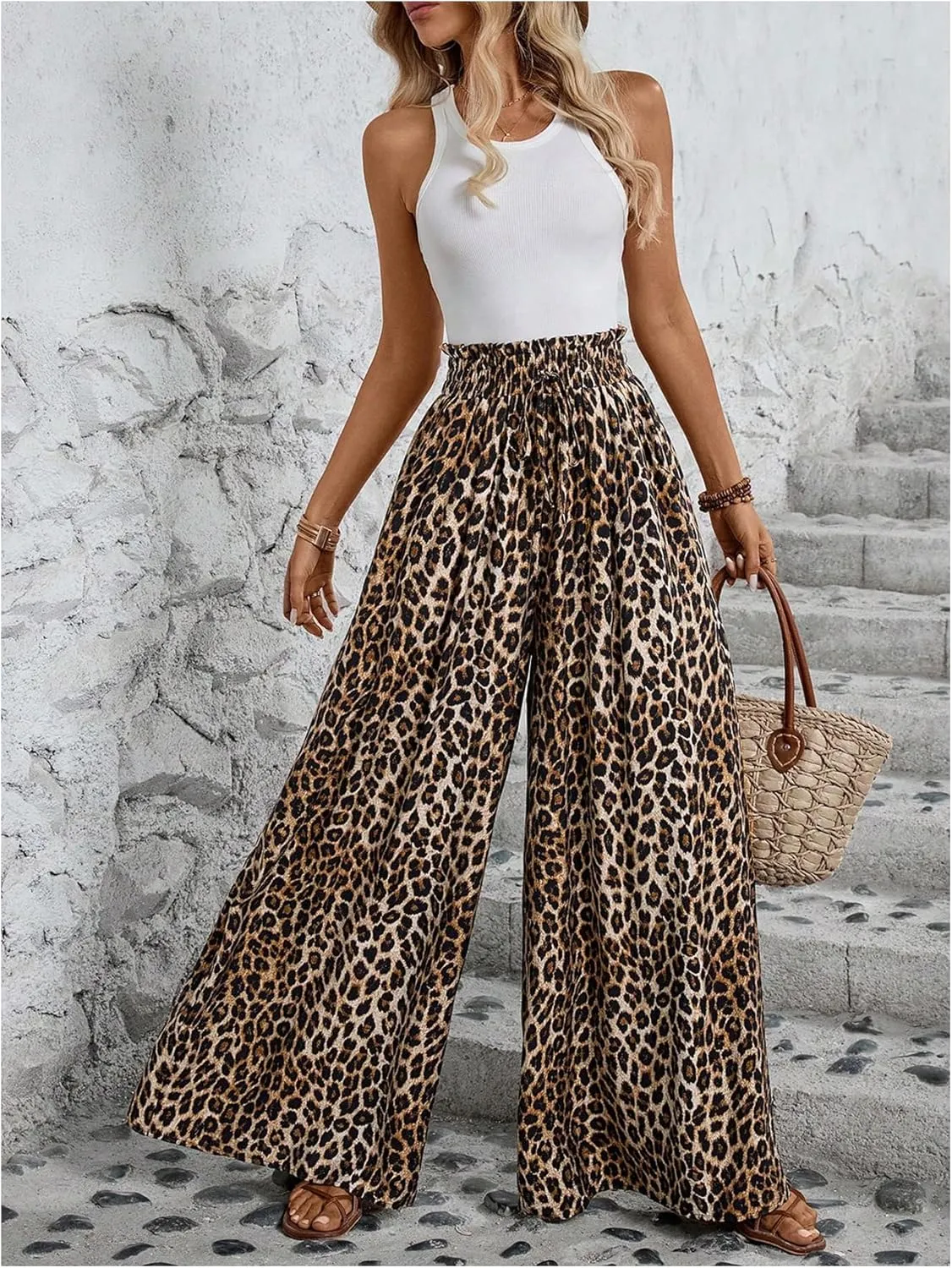 Verdusa Women's Wide Leg Pants Leopard Print Paperbag Waist Palazzo Pant