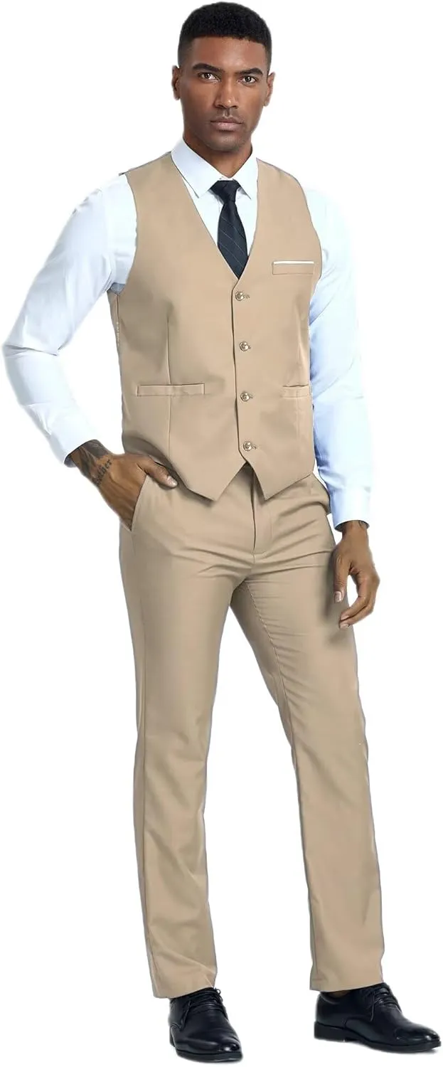 Vest Pants Set for Men 2 Piece Suit Men's Slim Fit Wedding Groomsmen Suit V Neck Casual Suit Waistcoat for Men