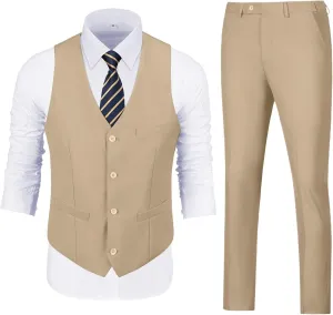 Vest Pants Set for Men 2 Piece Suit Men's Slim Fit Wedding Groomsmen Suit V Neck Casual Suit Waistcoat for Men