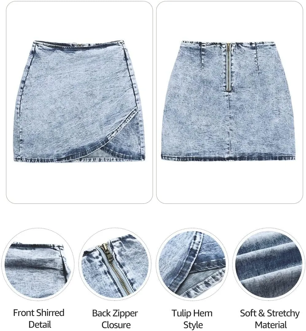 Vetinee Women's Tulip Hem Shirred Washed Casual Bodycon Short Jean Denim Skirt