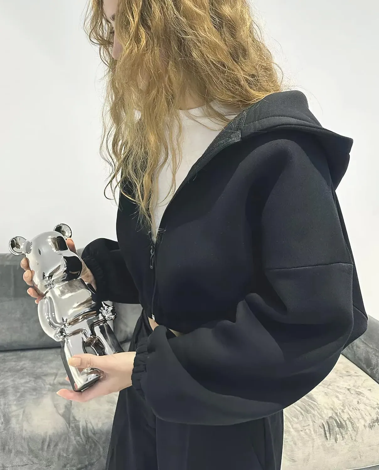 Viatabuna Cropped Zip Up Hoodies for Women Oversized Long Sleeve Casual Loose Short Sweatshirt 90s Hooded Crop Jacket Top