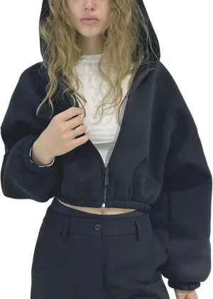 Viatabuna Cropped Zip Up Hoodies for Women Oversized Long Sleeve Casual Loose Short Sweatshirt 90s Hooded Crop Jacket Top