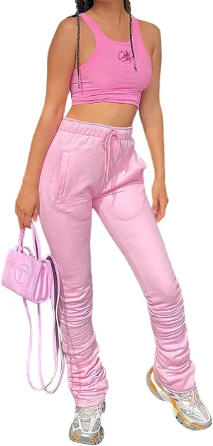 Viatabuna Women Stacked Leggings Pants Casual High Waist Sweatpants Ruched Workout Joggers Drawstring Bell Bottom Flare Pants
