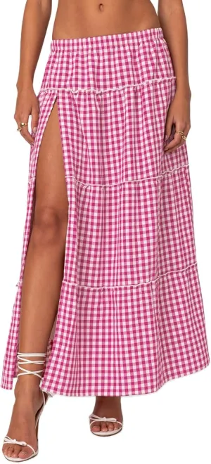 Vintage Plaid Maxi Skirts for Women Y2K Elastic Waist Side Slit Tiered Skirt Summer Flowy Gingham A Line Long Skirt