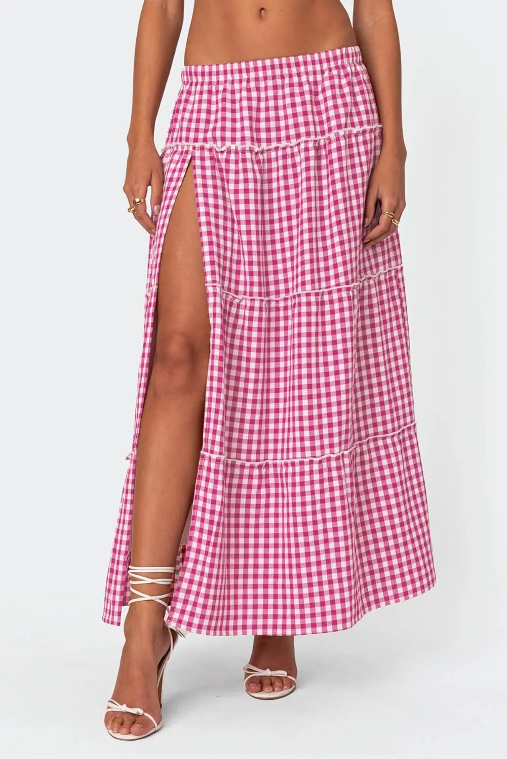 Vintage Plaid Maxi Skirts for Women Y2K Elastic Waist Side Slit Tiered Skirt Summer Flowy Gingham A Line Long Skirt